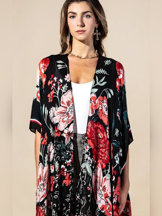 Other - Floral Black Kimono Duster with Red & Pink Blooms